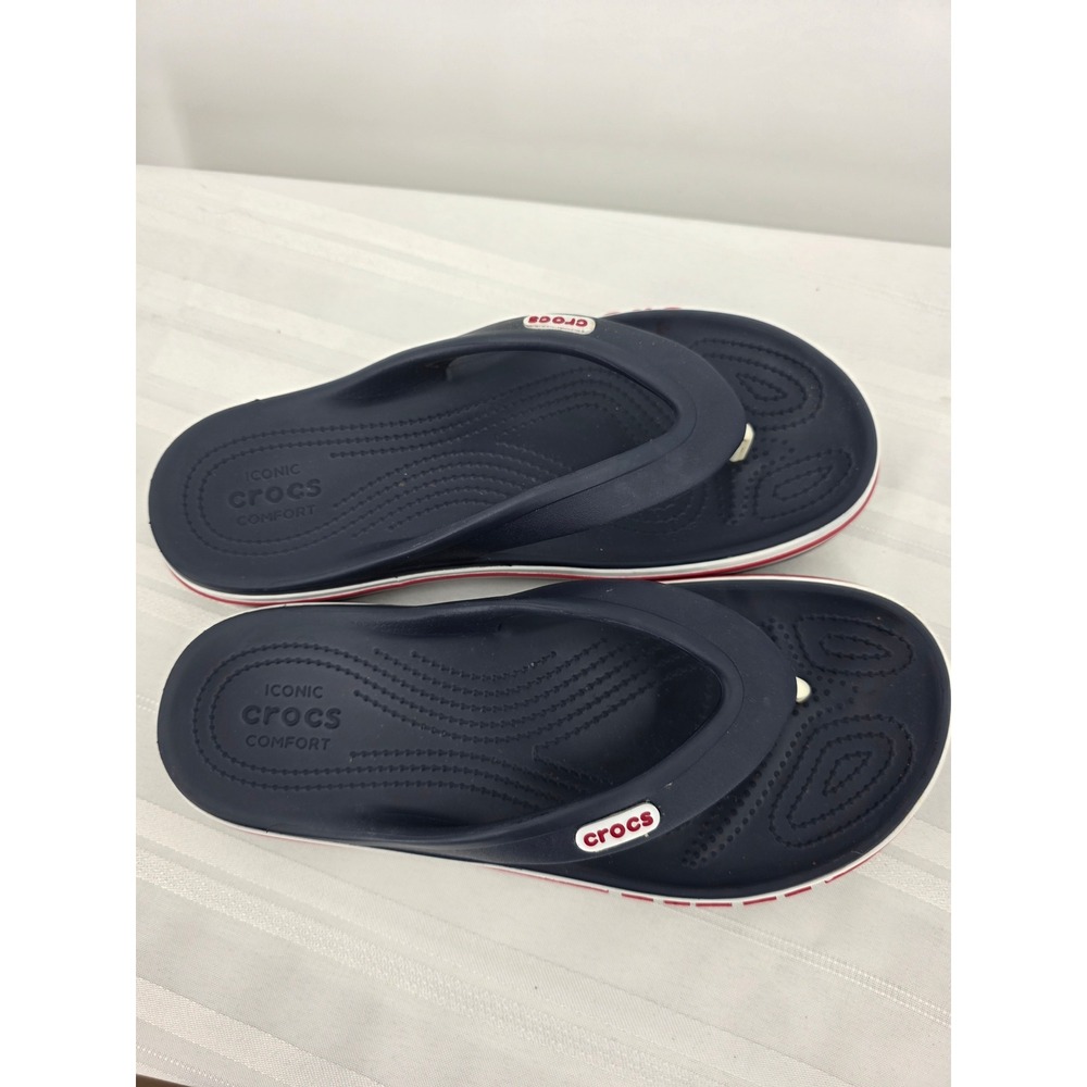 Crocs Bayaband Flip Flops Navy Blue White Red Thong Sandals Womens 9 Mens 7 NWOT - Picture 4 of 7